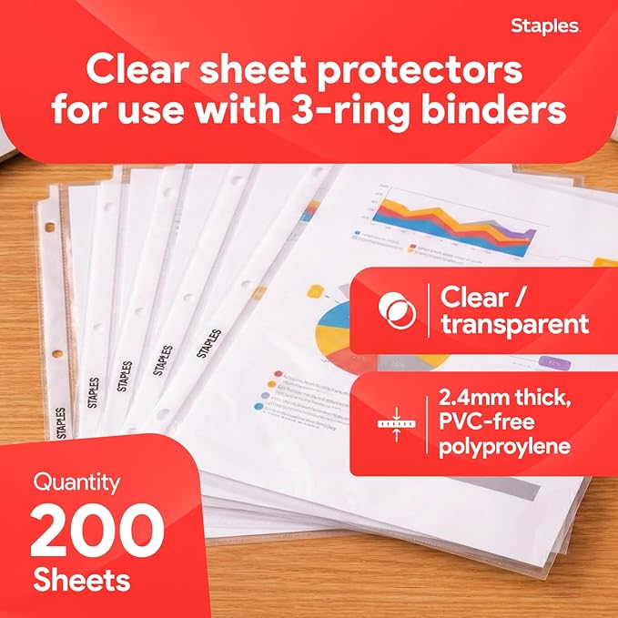 Staples Sheet Protectors, 8.5" x 11" – Top-Loading Clear Page Protectors, 2.4 Mil Standard Weight, 200-Pack