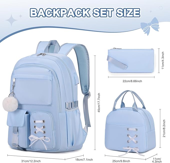 Backpacks for Girls, Girls Backpack with Lunch Box & Pencil Pouch for Teens Girl Kids Elementary Middle High School College Student Bookbag Daypack Laptop Travel Backpack for Women (Blue)