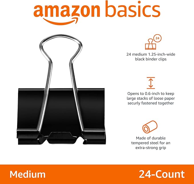 Amazon Basics Sturdy Binder Clips, Office Supplies, Medium 1.25 inches, Document Organizing, Sturdy Steel, Black, 24 Count (2 Pack of 12)