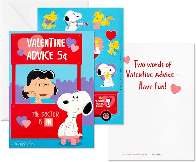 Hallmark Peanuts Valentines Day Cards and Stickers for Kids School, Snoopy and Lucy (24 Classroom Valentines with Envelopes)
