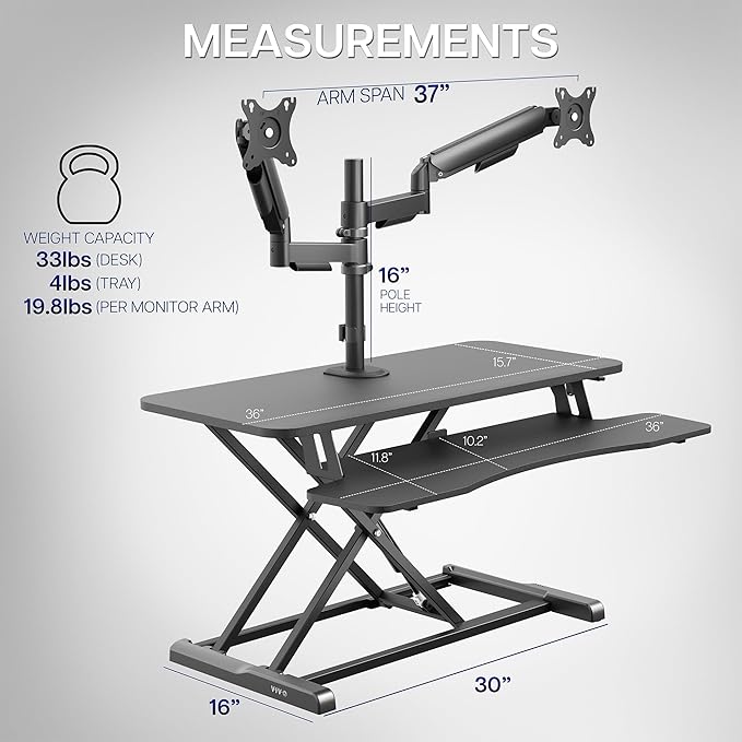 VIVO 36 inch Standing Desk Converter with Dual Monitor Mount for up to 32 inch Screens, Height Adjustable Riser with Mechanical Spring Arms, Black, DESK-KIT-036K2K