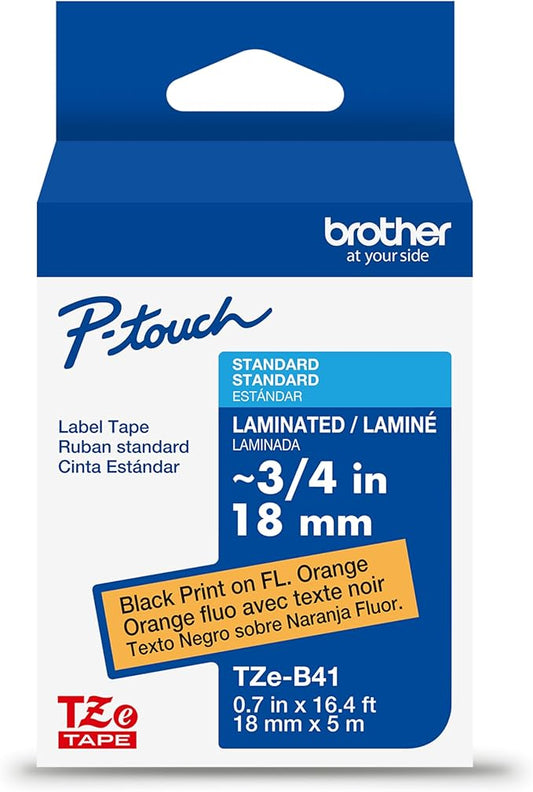 Brother Genuine P-touch TZe Black Print on Fluorescent Orange Label Tape (TZeB41), Laminated, ~3/4in x 16.4ft (18mm x 5m), for Select P-touch Label Makers, Durable, Water-Resistant, Indoor/Outdoor Use