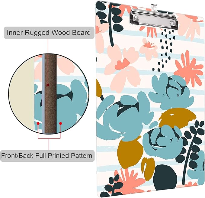 Fashion Clipboard, A4 Letter Size Wooden Decorative Clipboards for Teacher, Nurse, Doctor,Student and Kids, Cute Design for Standard Size 12.2" x 8.9"(C-Art Flower)