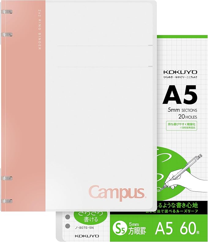 KOKUYO Campus 2x2 Spiral Binder Notebook Set, A5 Refillable Notebook + 60 Refill Papers with 5x5 Graph Ruled, 40 Sheet Capacity, Pink, Perfect for Work, Study & Journal, Japan Import