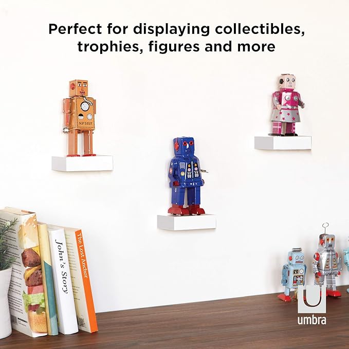 Umbra Showcase Floating Shelves (Set of 3), Gallery Style Display for Small Objects and More, White
