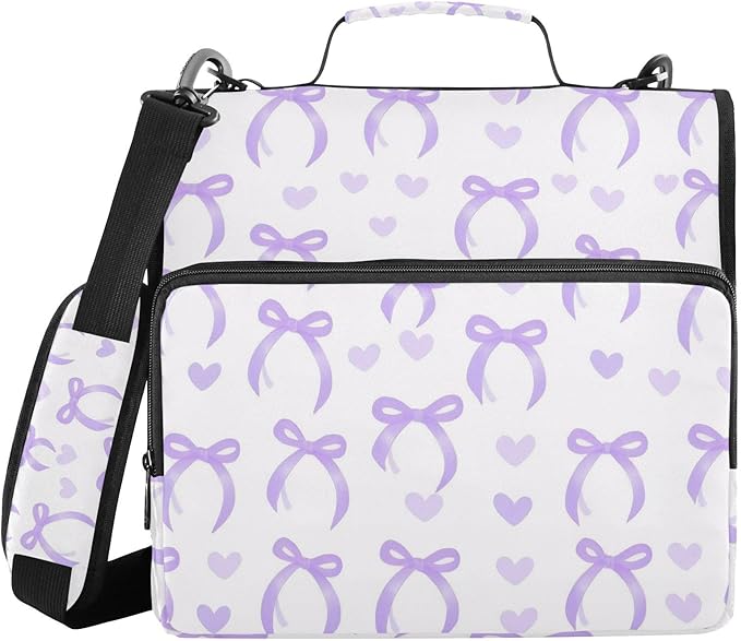 Purple Bow Love 3 Ring Binder with Zipper,Expanding File Folder and Shoulder Strap and Handle, 500 Page Capacity