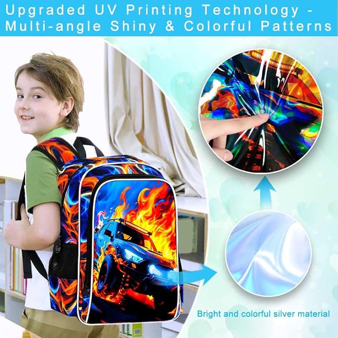 KLFVB 3PCS School Backpack Set, 17" Boys Truck Bookbag and Lunch Box, Water Resistant School Backpacks for Teenagers Middle Elementary - Flame Truck