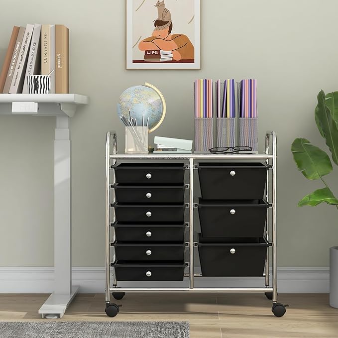 COSTWAY Rolling Storage Cart with 9 Drawer, Mobile Utility Cart with Metal Frame, Art Supply Craft Organizer, Multipurpose Storage Organizer for Paper, Office, School Teacher, Classroom, Black