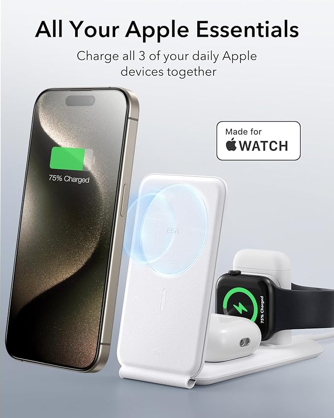 ESR for 3 in 1 Magsafe Charger, Travel Charger Stand Made for Apple Watch Certified, Foldable Charging Station Compatible with Magsafe and iPhone 17/16/15/14/13/12, AirPods 4/3/Pro, White