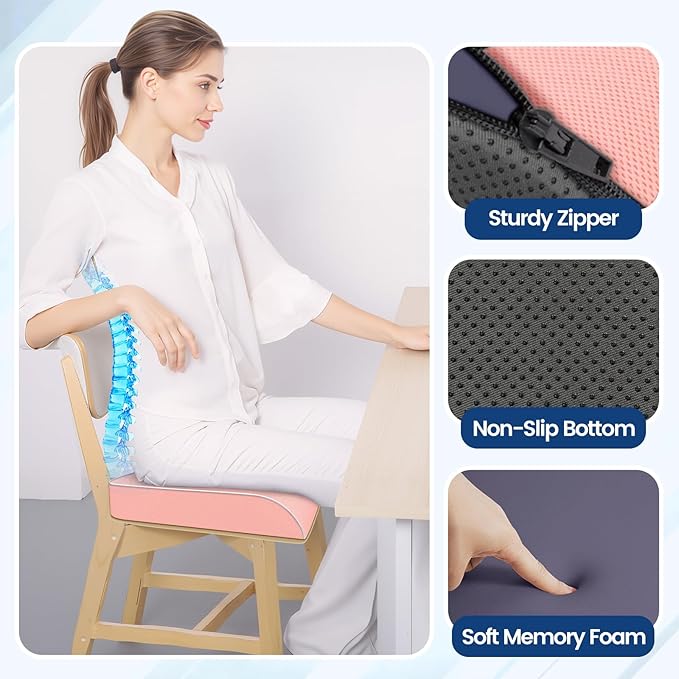 Seat Cushion for Tailbone Pain Relief, Office Chair Cushion, Memory Foam Large Chair Cushion with Non-Slip Cover for Soft Support at Office Chair, Car Seat, Airplane Pink/X-Large
