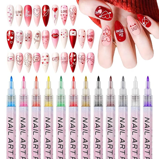 Nail Art Pens Set, 12 Color 0.7 MM Nail Art Markers Nail Polish Pens Drawing Painting Point Liner Painted Kit, Waterproof and Quick-drying Nail for DIY Design Manicure Tools