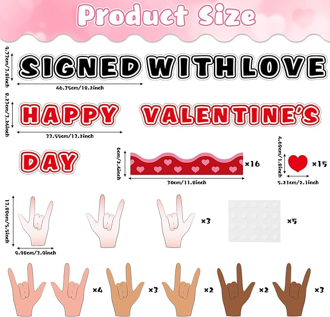 Valentine's Day Bulletin Board Decorations Set Signed with Love Classroom Decoration Happy Valentine's Day Love Heart Hand Gesture Cutouts for School Office Home Chalkboard Wall Decor Party Supplies