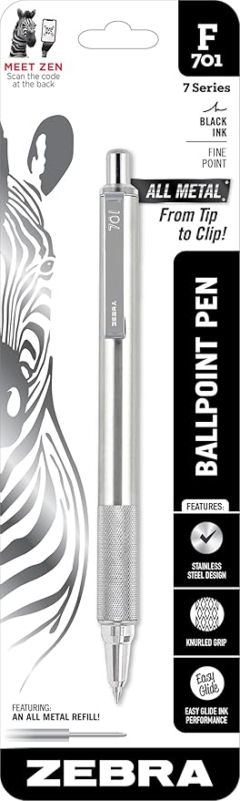 Zebra Pen F-701 Ballpoint Black Ink Fine Point 0.8mm Pen, Heavy Duty, Durable Stainless Steel Barrel, Knurled Grip, Silent Retractable Plunger, Ideal for Tactical Use, 1-Pack (29411)