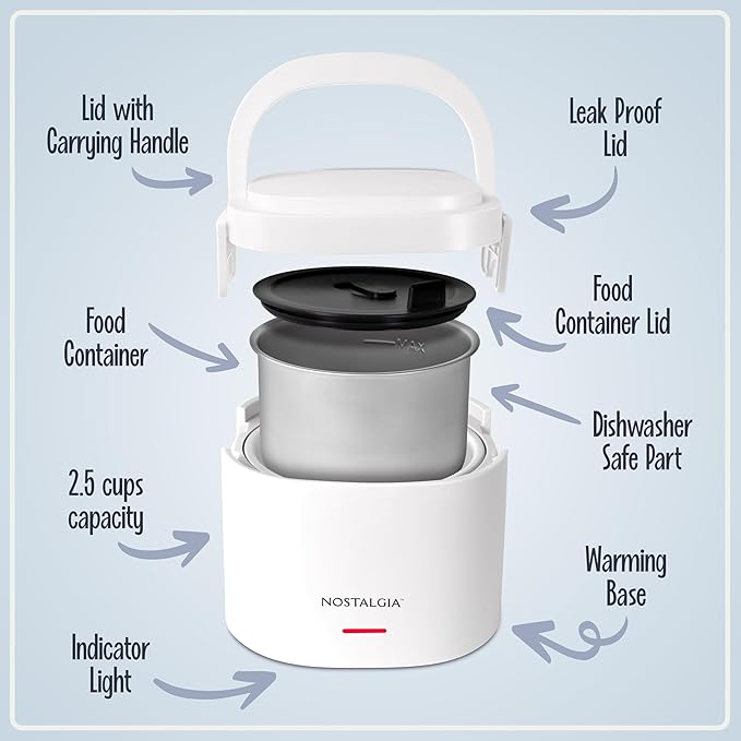 Nostalgia Portable 20-Ounce Electric Heated Lunch Box – Travel Size 2.5 Cup Capacity for Soup, Chili, and Leftovers – Leak Proof Silicone Sealed Lid, Foldable Carry Handle, Detachable Cord – White