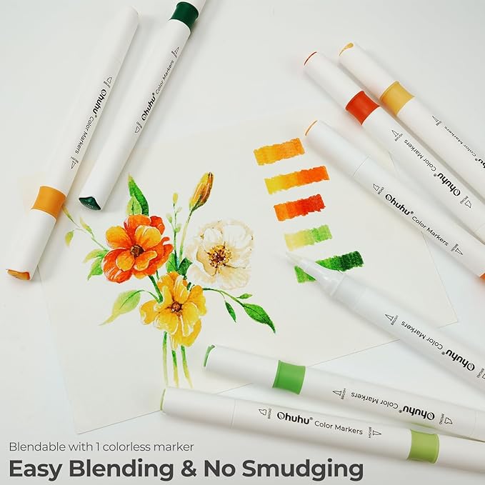 Ohuhu Water-based Markers for Adult Coloring Books No Bleeding 64 Colors Dual Tips Coloring Markers for Kids Adults Beginners Drawing Pens for Journaling Lettering (Brush & Chisel)