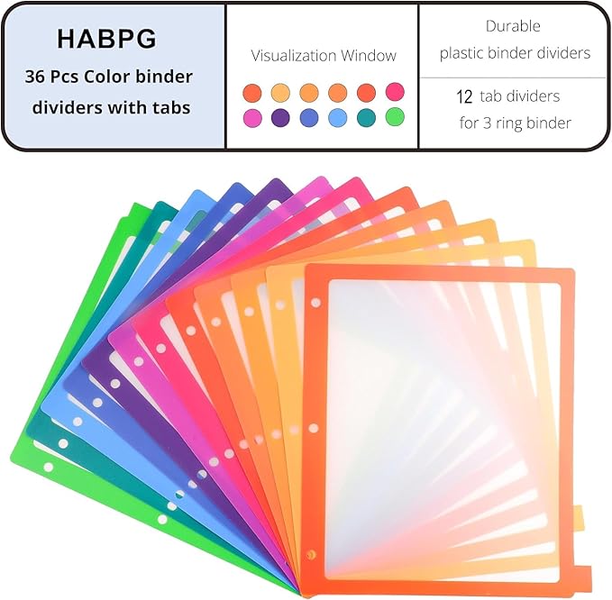 HABGP 3 Ring Binder Dividers with 12-Tab, Multicolor Plastic Clear Binder Dividers, Monthly Dividers Letter Size File Organizer 3 Hole Punch, 3 Set 36 Pcs Write On Tabs Page Folder Index Dividers