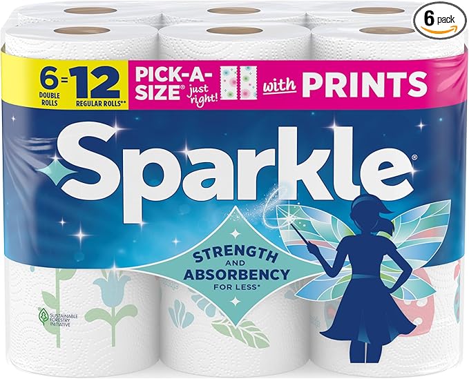 Sparkle Pick-A-Size Paper Towels, Spirited Print Design, 6 Double Rolls (660 Sheets Total) - Strong 2-Ply Towels for Kitchen Cleanup and Everyday Messes