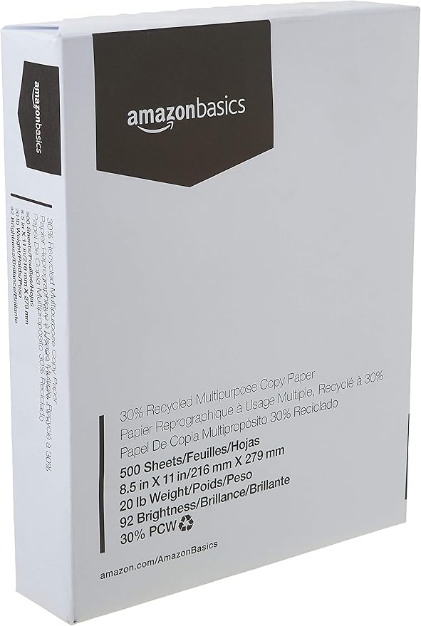 Amazon Basics 30% Recycled Multipurpose Copy & Print Paper, 8.5 x 11 Inches, 20 lb Weight, 92 Bright, White, 500 Sheets (1 Ream)