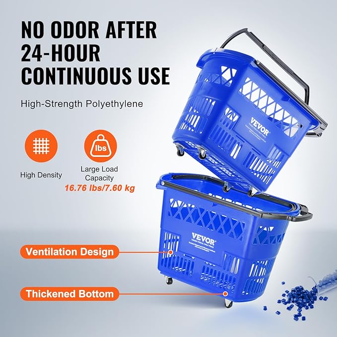 VEVOR 6 PCS Shopping Baskets, 39L Large Plastic Rolling Shopping Basket with Wheels, Shopping Carts with Handles, Portable Shopping Basket Set for Supermarkets, Grocery Shopping, Retail Stores, Blue