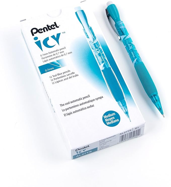 Pentel Icy Mechanical Pencil, 0.7mm, Tinted Teal Blue Barrel, Box of 12 (AL27TS)
