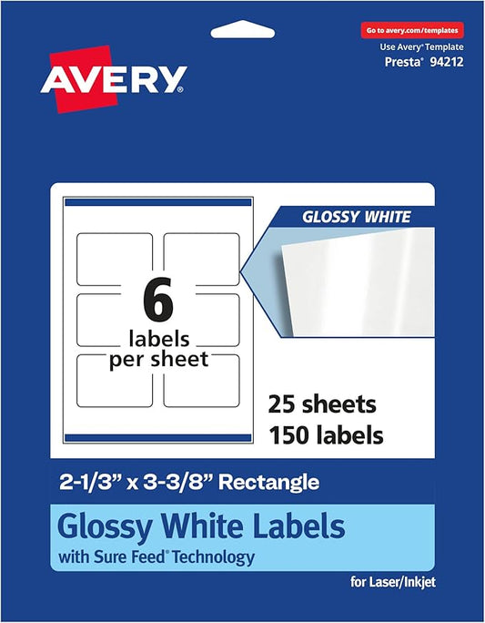 Avery Glossy White Rectangle Labels, Sure Feed Technology, 2-1/3" x 3-3/8", 150 Glossy White Labels, Print-to-The-Edge, Permanent Adhesive, Laser/Inkjet Printable