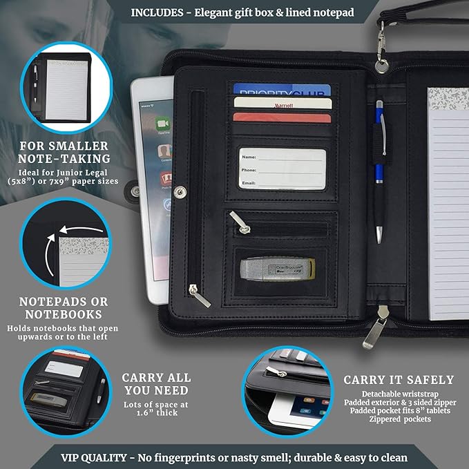 Customized Junior Zippered Leather Padfolio - Name/Logo Printed on Matt Black PU Leather Portfolio Binder & Organizer Folder with 8 Inch Tablet Sleeve & with Junior Legal Notepad
