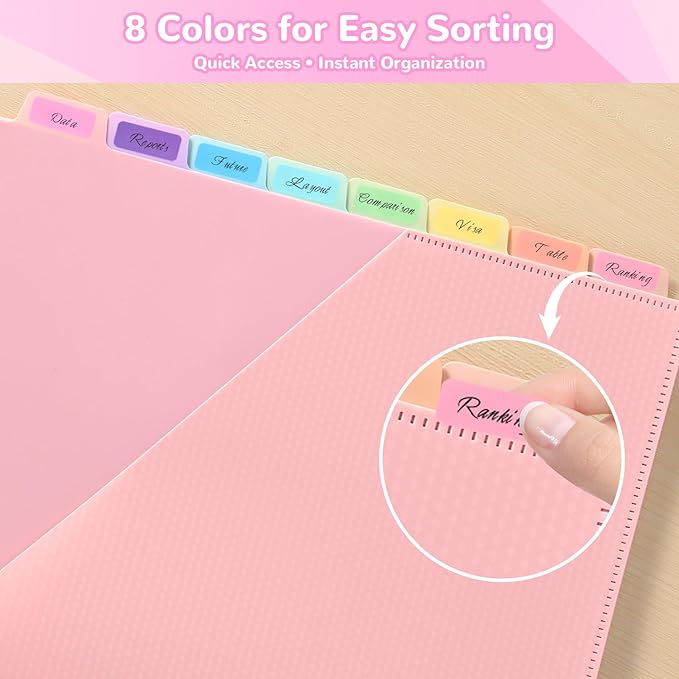 SUIN 8 Tab Binder Dividers with Pockets - Heavy Duty Plastic Dividers for 3 Ring Binder, Letter Size Poly Page Separators with Tabs & Label Stickers, Diamond Texture, 8 Pastel Colors, 1-Pack