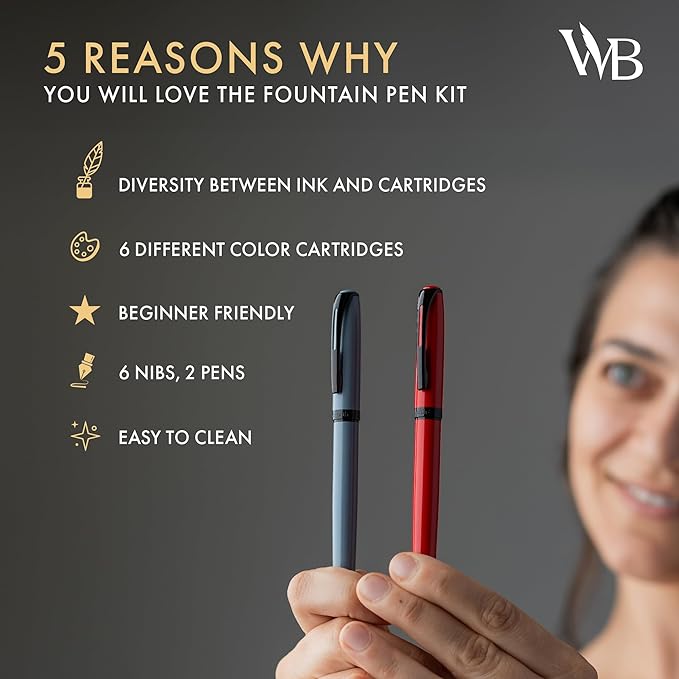 Wordsworth and Black Fountain Pen Set - Black - Includes 2 Pens, 18 ML Ink Bottle, 60 Ink Cartridges, A Refill Converter, 1 Medium and 4 Broad Nibs, Brush Pen - Fountain Pen Kit for Beginners