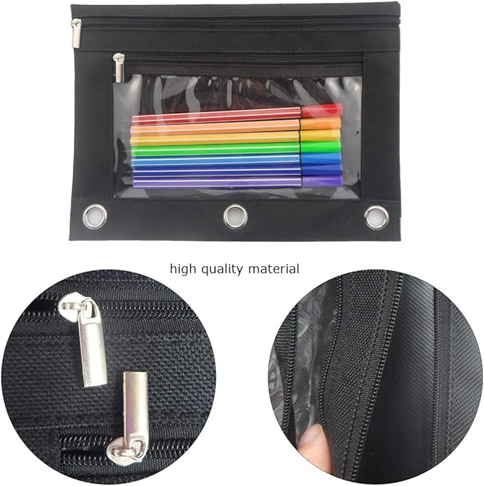 Enyuwlcm 3 Ring Binder Pencil Pouch with Durable Zipper Binder Pencil Case with Clear Window 2 Pocket Black Canvas 4 Pack