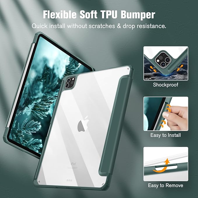 Fintie Hybrid Slim Case for iPad Pro 11-inch (4th / 3rd Generation) 2022/2021 - [Built-in Pencil Holder] Shockproof Cover w/Clear Transparent Back Shell, Also Fit iPad Pro 11" 2nd Gen, Midnight Green