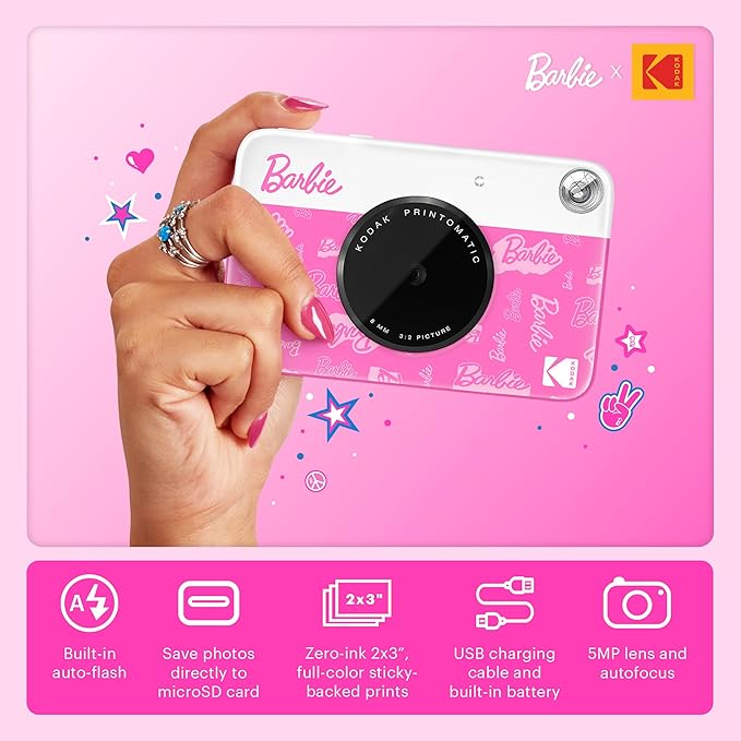 Kodak x Barbie Printomatic Full-Color Instant Print Digital Camera Barbie Gift Bundle (Signature Style)+ Barbie Case, Photo Album, Sticker & Hanging Frames, 50 Stickers + Zink Paper (20 Sheets)