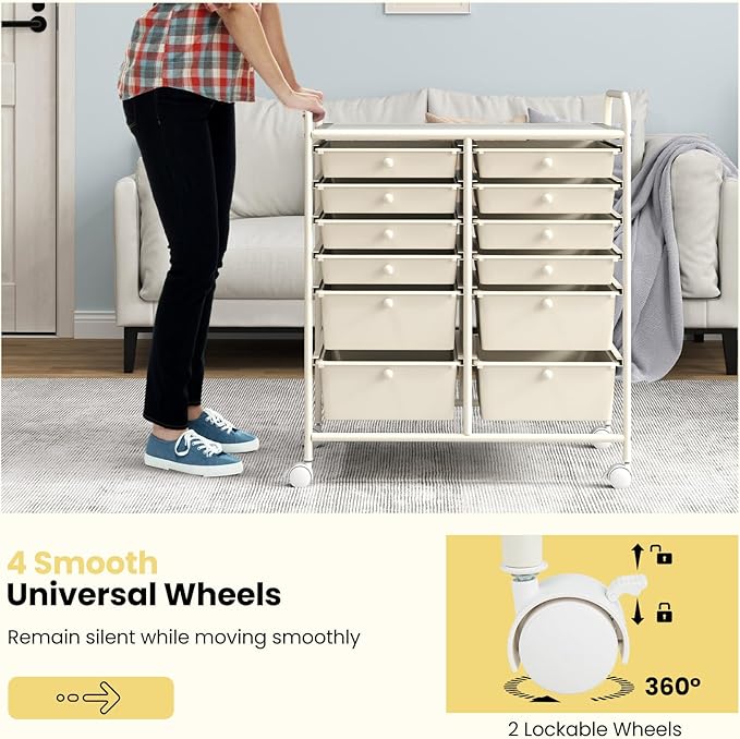 COSTWAY 12-Drawer Rolling Storage Cart, Moveable Art Craft Organizer W/Lockable Wheels, Metal Shelf, Files Arrangement Tools Makeup Storage Cart for Office, Home, School, White