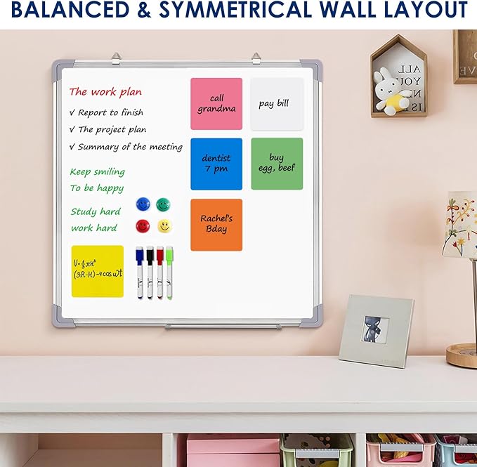 Whiteboard Set - Dry Erase Board 24 x 24 in with 1 Magnetic Eraser, 4 Dry Wipe Markers, 4 Magnets and 6 Magnetic Labels - Wall Hanging Reminder Kanban White Board for Home and Office (24x24 inch)