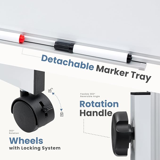 DUMOS Rolling Whiteboard Double Sided 46 x 32 Inches, Magnetic White Board Dry Erase on Wheels, Dry Erase Board with Stand for School, Office and Home, Silver Aluminium Frame, White