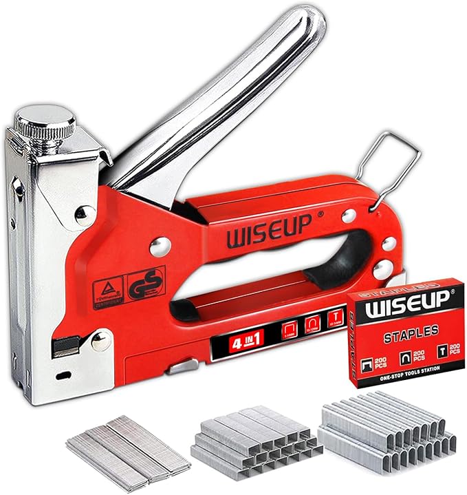 Upholstery Staple Gun for Wood Heavy Duty with Staples,4 in 1 Manual Power Adjustment Brad Nail Stapler Gun for Wood,Craft,Wire,Cable,Fabric,Furniture,DIY (4 in 1 Basic kit)