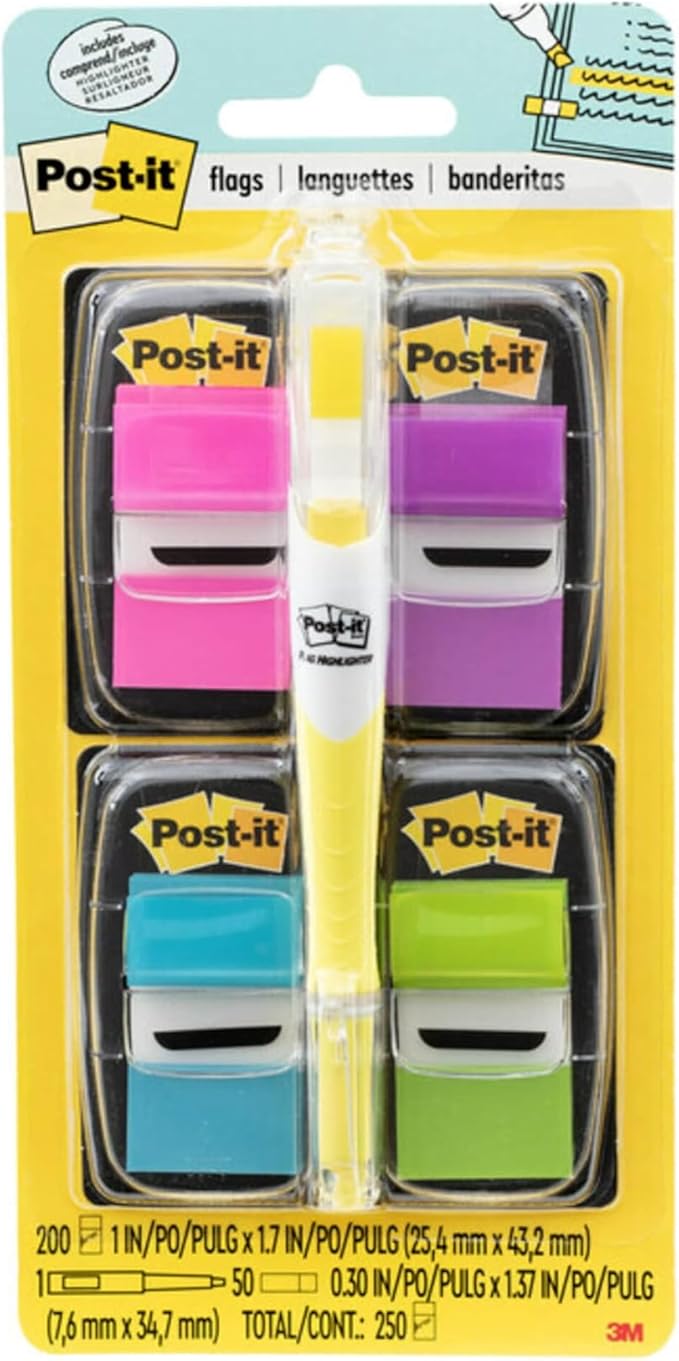 Post-it Flags Value Pack, 50/Dispenser, 4 Dispensers/Pack, 1 in Wide, Assorted Bright Colors, Includes Free Flags + Highlighter (680-PPBGVA) (Pack of 12)