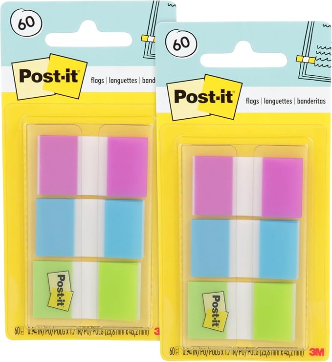 Post-it Flags, 60/On-The-Go Dispenser, 1 Dispenser/Pack, 1 in Wide, Purple, Blue, Green (680-PBG) (Pack of 2)