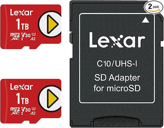 Lexar 1TB (2-Pack) Play Micro SD Card w/SD Adapter, UHS-I, C10, U3, V30, A2, Full HD, Up to 160/100 MB/s, Expanded Storage for Nintendo-Switch 1, Gaming, Smartphones, Tablets (LMSPLAY001T-B2ANU)