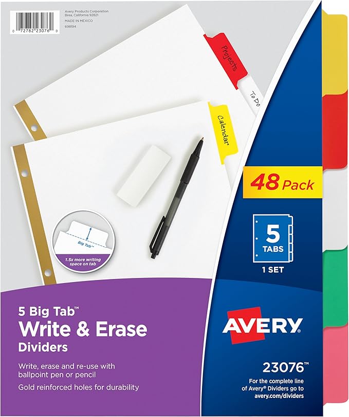Avery Big Tab Write & Erase Dividers for 3 Ring Binders, 5-Tab Sets, Multicolor Divider Tabs, Great for Organizing Projects, Reports, Finances, and More (48-Pack of 23076)