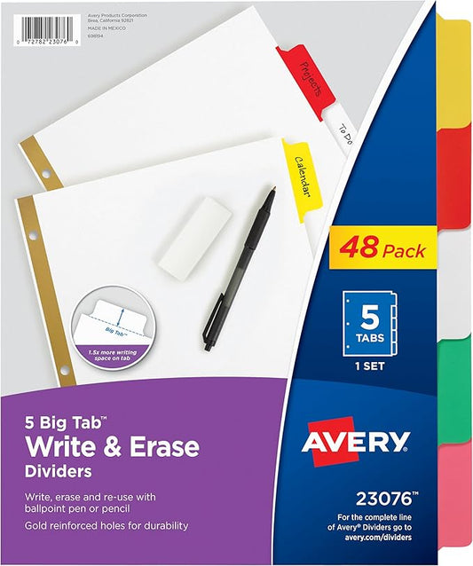 Avery Big Tab Write & Erase Dividers for 3 Ring Binders, 5-Tab Sets, Multicolor Divider Tabs, Great for Organizing Projects, Reports, Finances, and More (48-Pack of 23076)