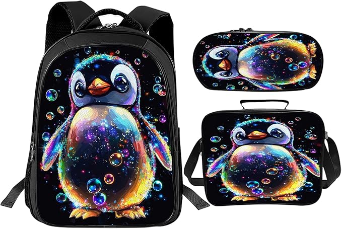 Cute Penguin Backpack Set 3 Piece School Bags and Lunch Box with Pencil Case Penguin Animal Bookbag Set for Toddler Kids Girls Boys Teens Kindergarten Elementary Middle