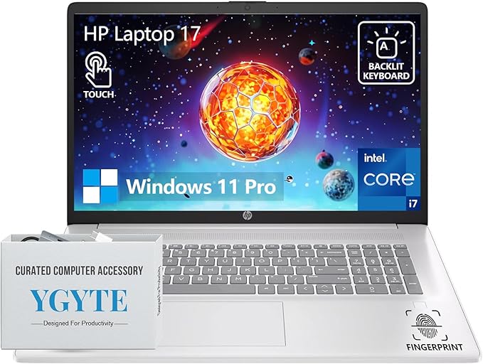 HP 17 Touchscreen Laptop Computer, 17.3” HD+ Touch Screen Laptop Notebook PC, Intel 10-Core i7, 36GB RAM 1TB SSD, Windows 11 Pro, 10 Key Backlit Keyboard, Fingerprint Reader, Wi-Fi 6
