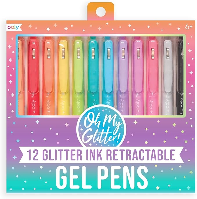 Ooly Oh My Glitter Gel Pens - Set of 12 Cute School and Art Supplies for Girls, Planner Pen with Comfort Grip, Ideal Retractable Glitter Pens for Decorations & Office Use