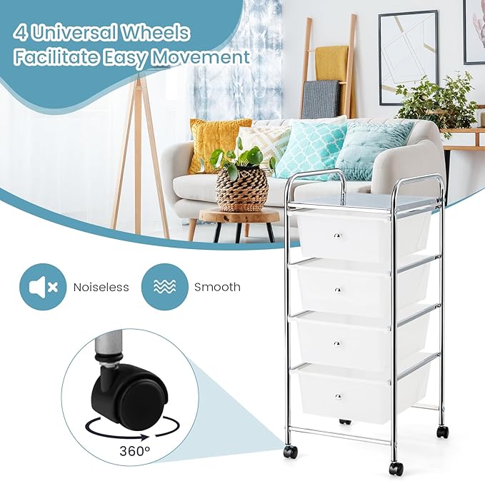 COSTWAY Rolling Storage Cart with 4 Drawers, Plastic Storage Cart and Organizer w/ 4 Removable Drawers, Multipurpose Organizer Cart for Home Scrapbook Paper Office School Tools (Clear)
