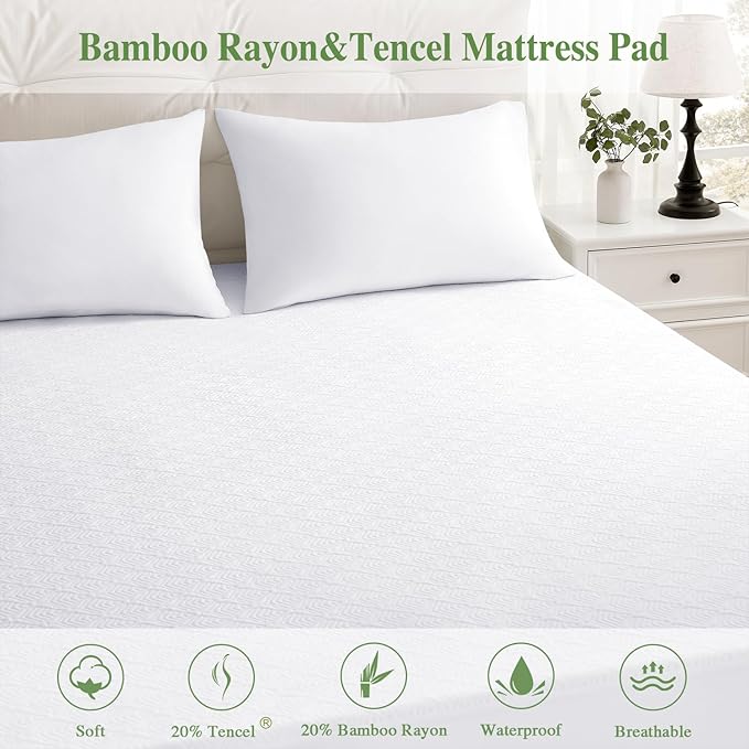 King Mattress Protector, Waterproof Mattress Pad Washable Rayon Mattress Cover Breathable Noiseless Bed Protector 3D Patterns 5" - 21'' Elastic Fitted Deep Pocket(White)