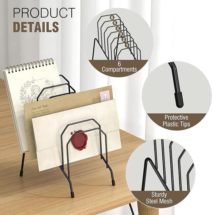 Incline Desk Mail Organizer, Mail Sorter Letter Organizer Rack with 6-Section Vertical Compartments Rack for Letters, Postcards, Brochures, Mail Holder for Office, Home, School (4 Pack)
