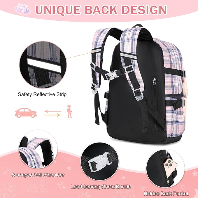 Girls Backpack Set, 3PCS Kids Backpacks for Girl, Kawaii Bunny School Backpack for Girls Kindergarten Elementary Preschool Middle School Bags with Lunch Box Pencil Case Blackpink-Plaid