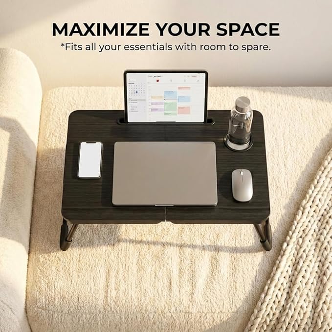 BUYIFY Foldable Laptop Bed Desk for Couch, Sofa - Large Lap Desk Tray Table with Cup Holder and Tablet Slot - Portable Notebook Stand for Eating, Writing, Studying and WFH (Black)- USA Original Patent