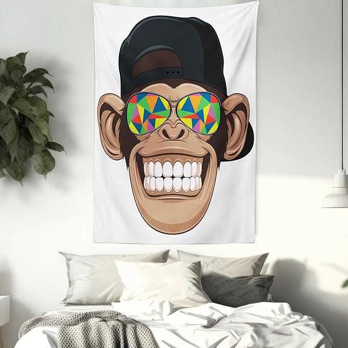 Ambesonne Cartoon Tapestry, Fun Hipster Monkey with Colorful Sunglasses and Hat Rapper Hippie Ape Art, Fabric Wall Hanging Decor for Bedroom Living Room Dorm, 23" X 28", White Brown