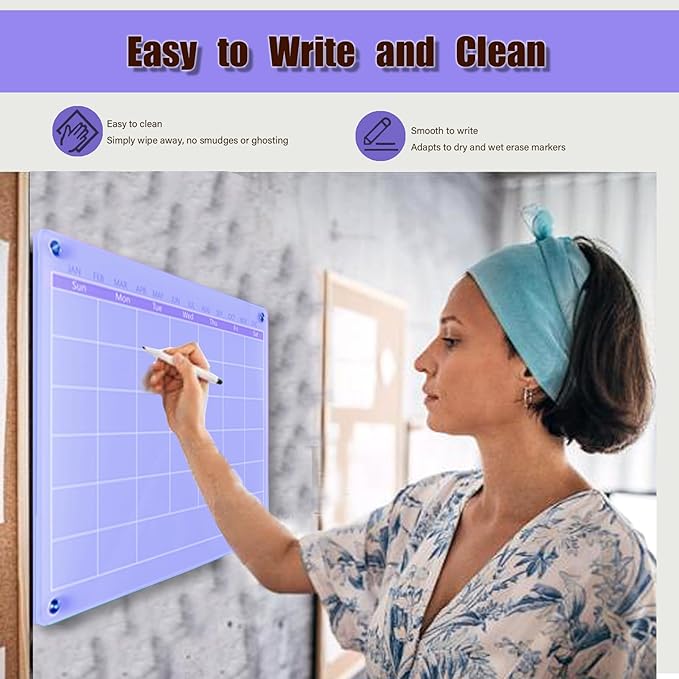 Acrylic Calendar for Wall,15.7''x11.8'',Acrylic Wall Calendar with Dry Erase Surface,Acrylic Monthly Calendar for Wall,Purple Dry Erase Board for Home Office School-PGYL-Pu-3040